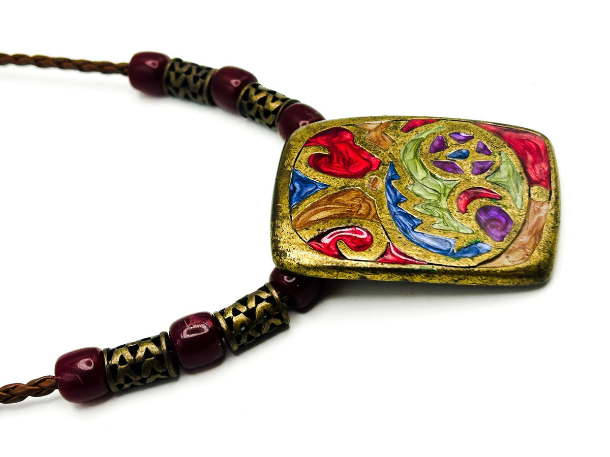 Chico’s Brass Tone Enamel Abstract Pendant Necklace on Braided Cord