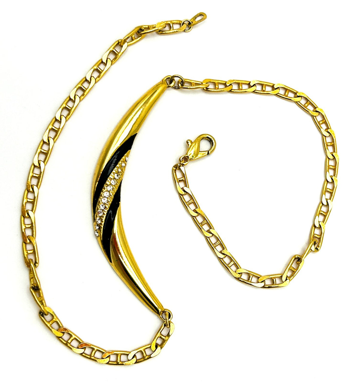 Gold Tone Black Enamel Rhinestone Necklace Figaro Chain Vintage Style