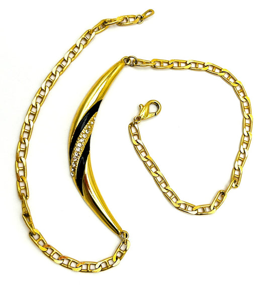 Gold Tone Black Enamel Rhinestone Necklace Figaro Chain Vintage Style