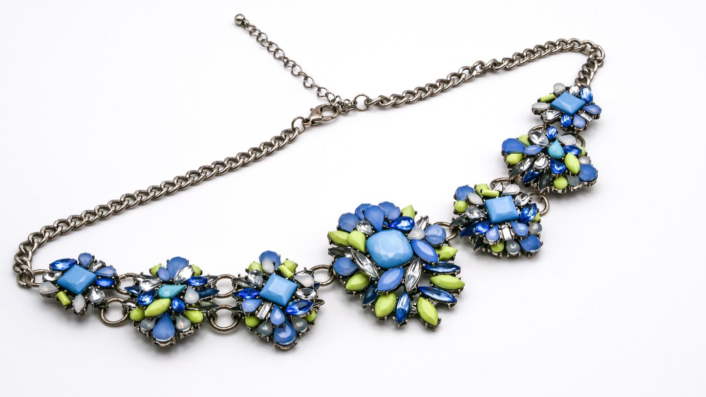 Art Deco Style Cascade Statement Necklace – Blue & Green Floral