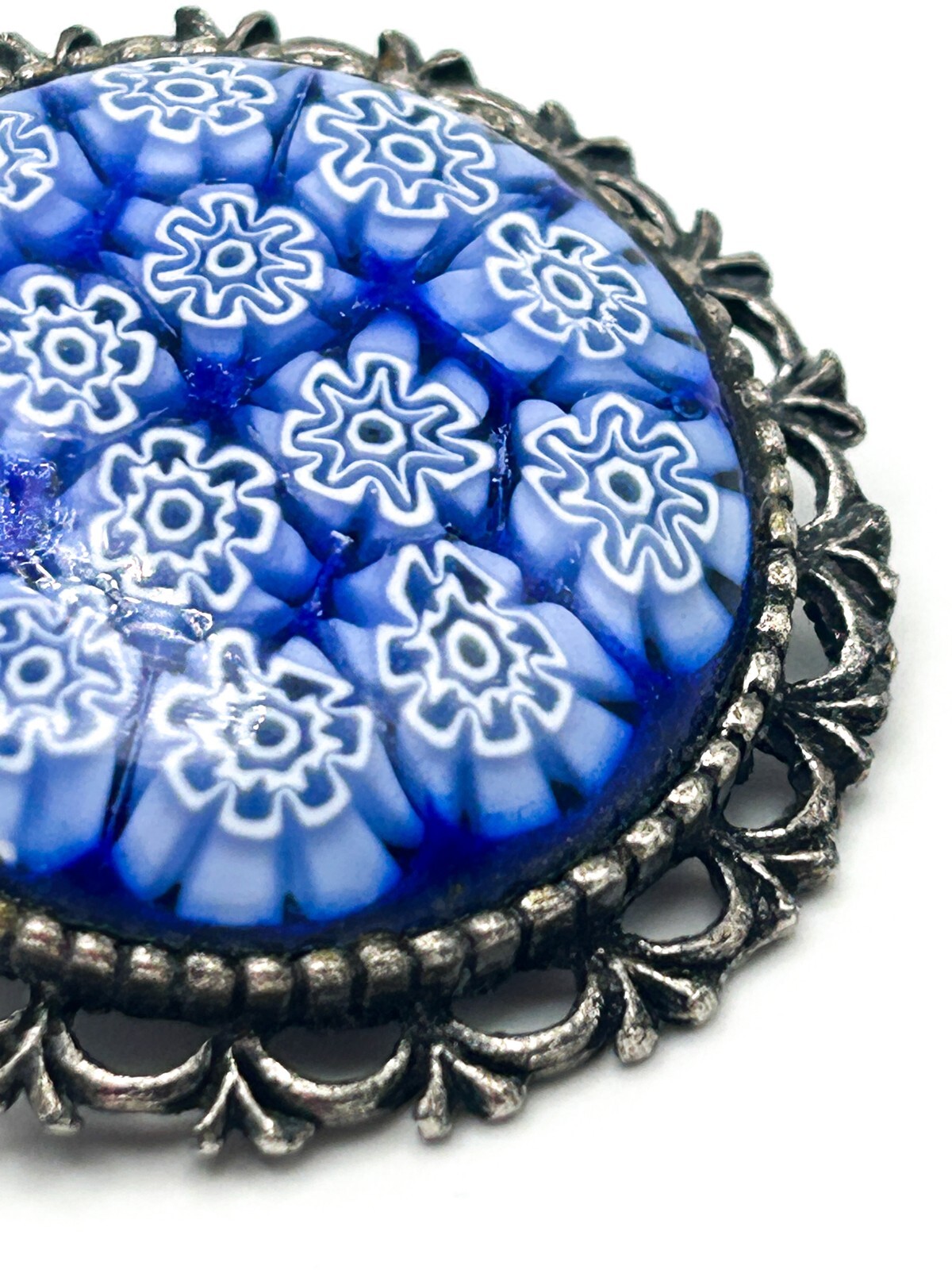 Vintage Millefiori Venetian Murano Glass Brooch - Sterling Silver - Blue Red