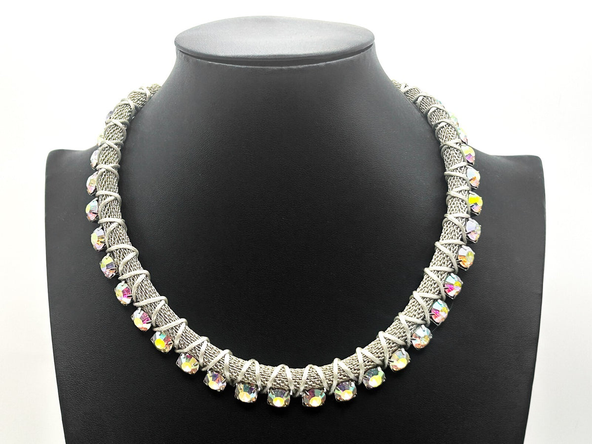FREEDOM (Topshop) Silver Tone Mesh Rhinestone Collar Necklace – 18”