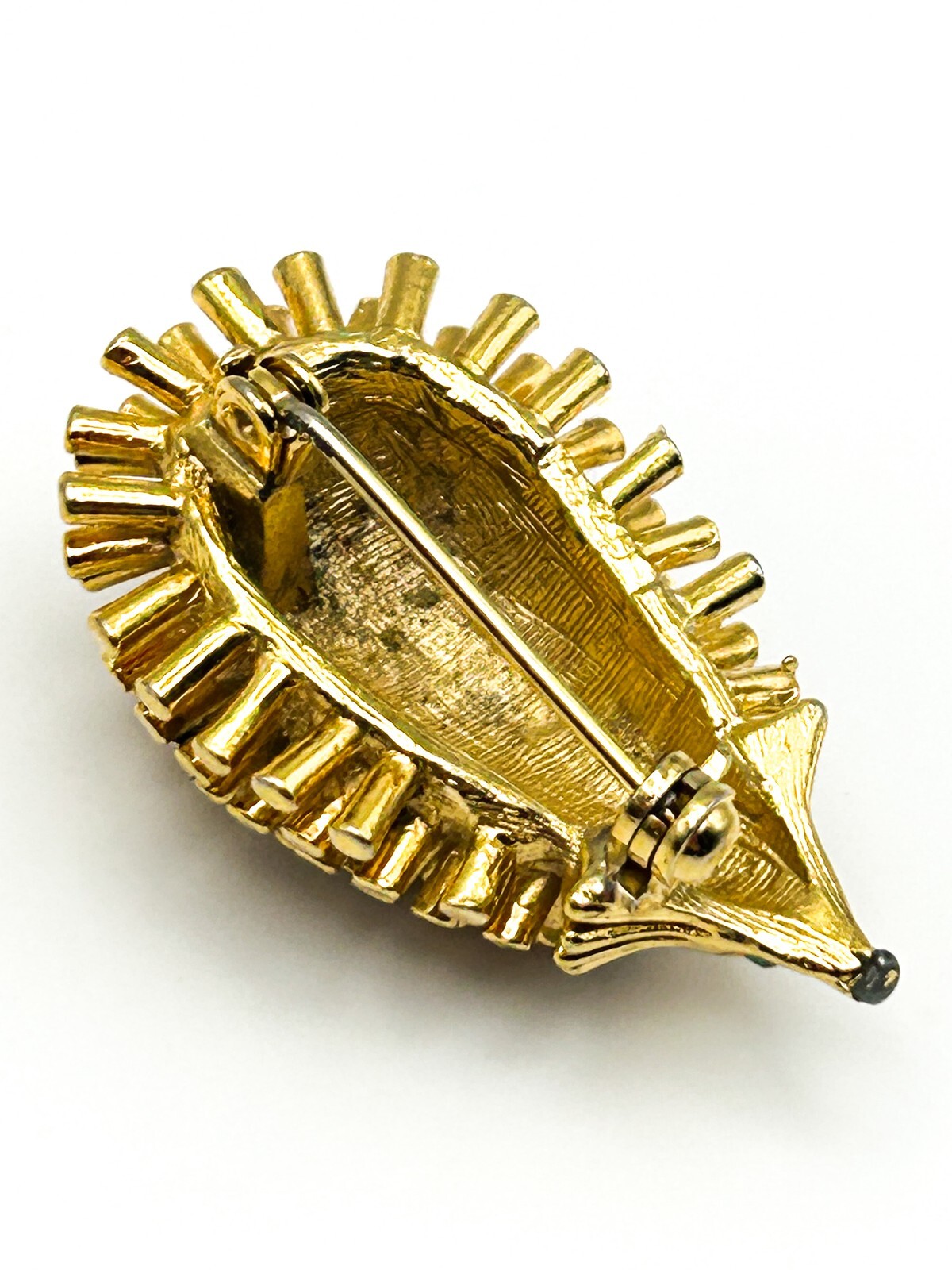 Vintage Hedgehog Brooch Gold Tone Animal Pin Green Rhinestone Eyes