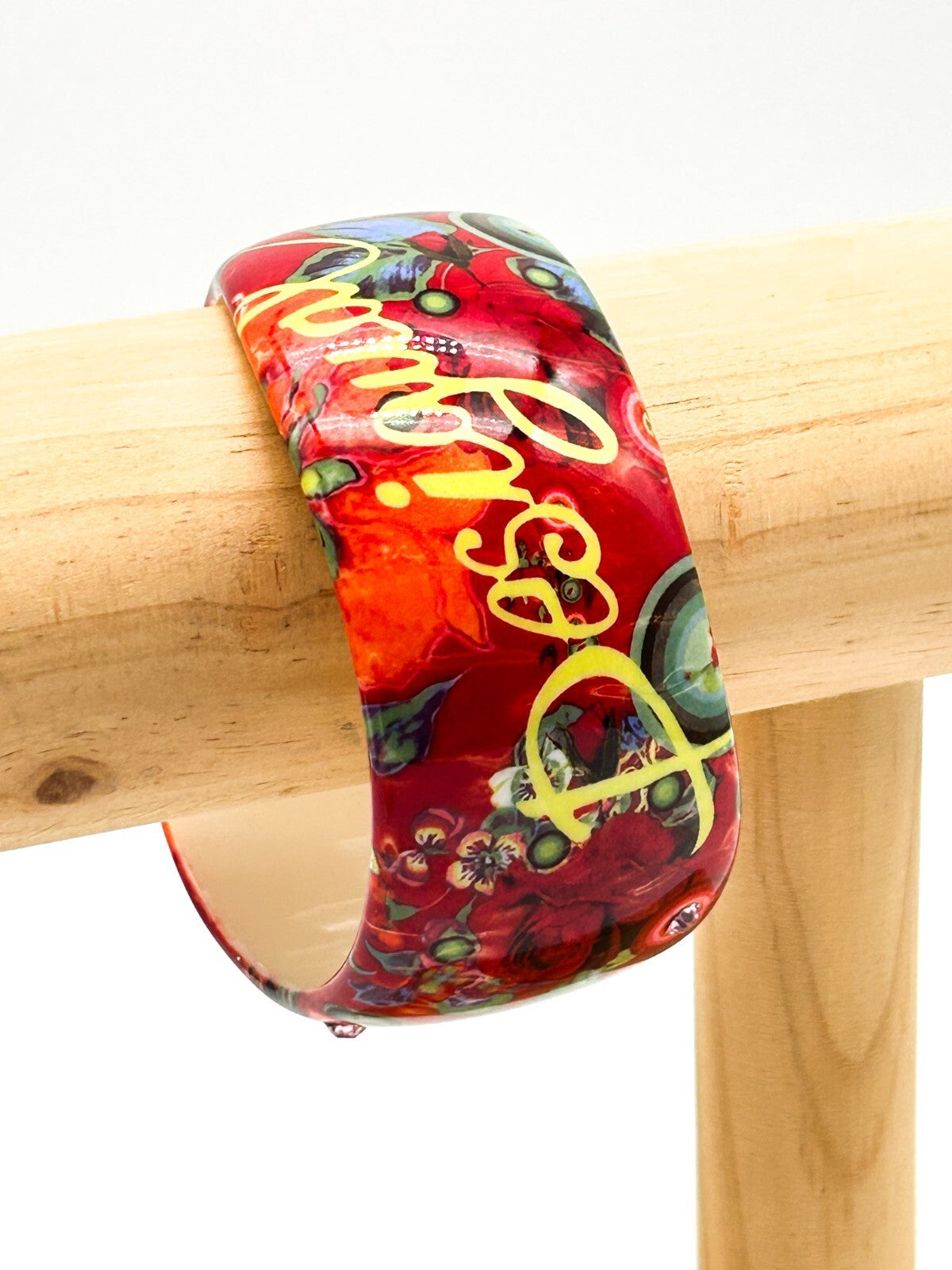 Desigual Floral Acrylic Bangle Red Orange Rhinestone Wavy Statement Bracelet