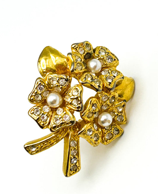 Vintage Gold Tone Floral Clip On Earrings Faux Pearl Rhinestone Bouquet Retro