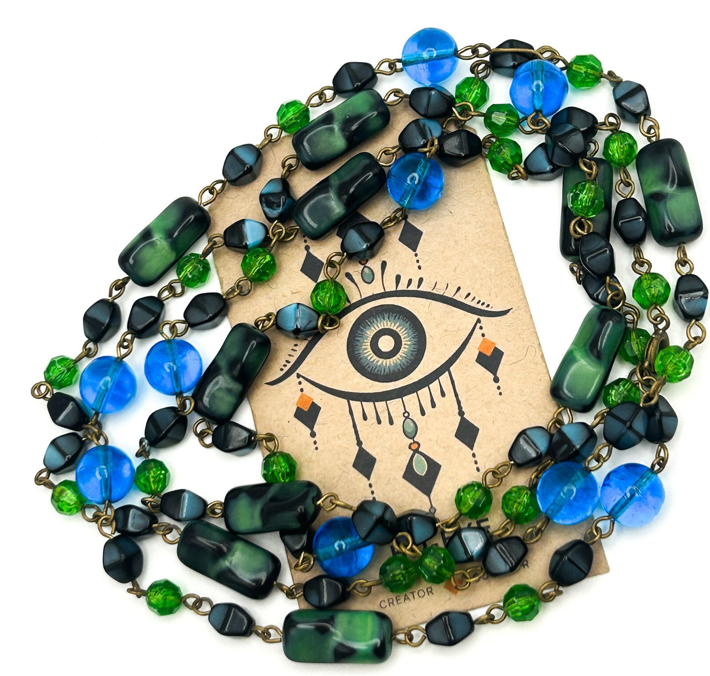 Vintage Blue and Green Glass and Acrylic Long Beaded Necklace