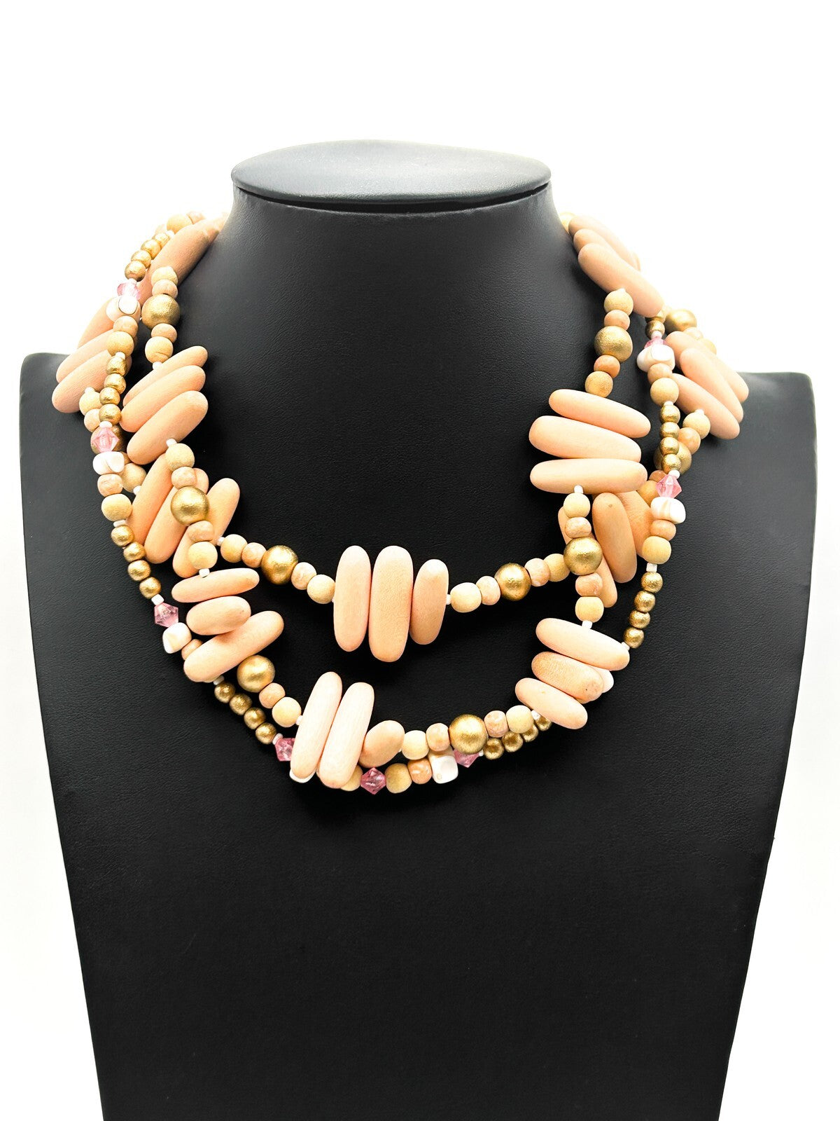 Three-Strand Pink-Peach Pastel Beaded Torsade Necklace – 17”