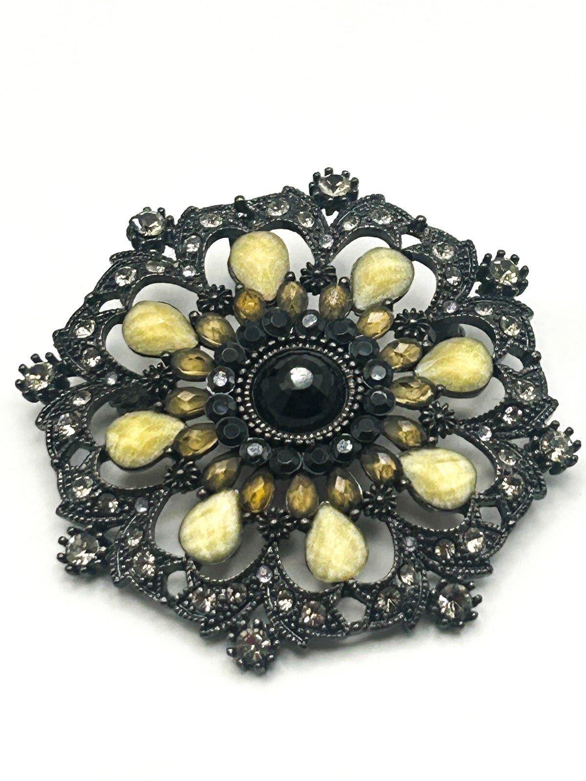 Ornate Gunmetal Floral Rhinestone Vintage Brooch with Lemon Cabochons – 6cm