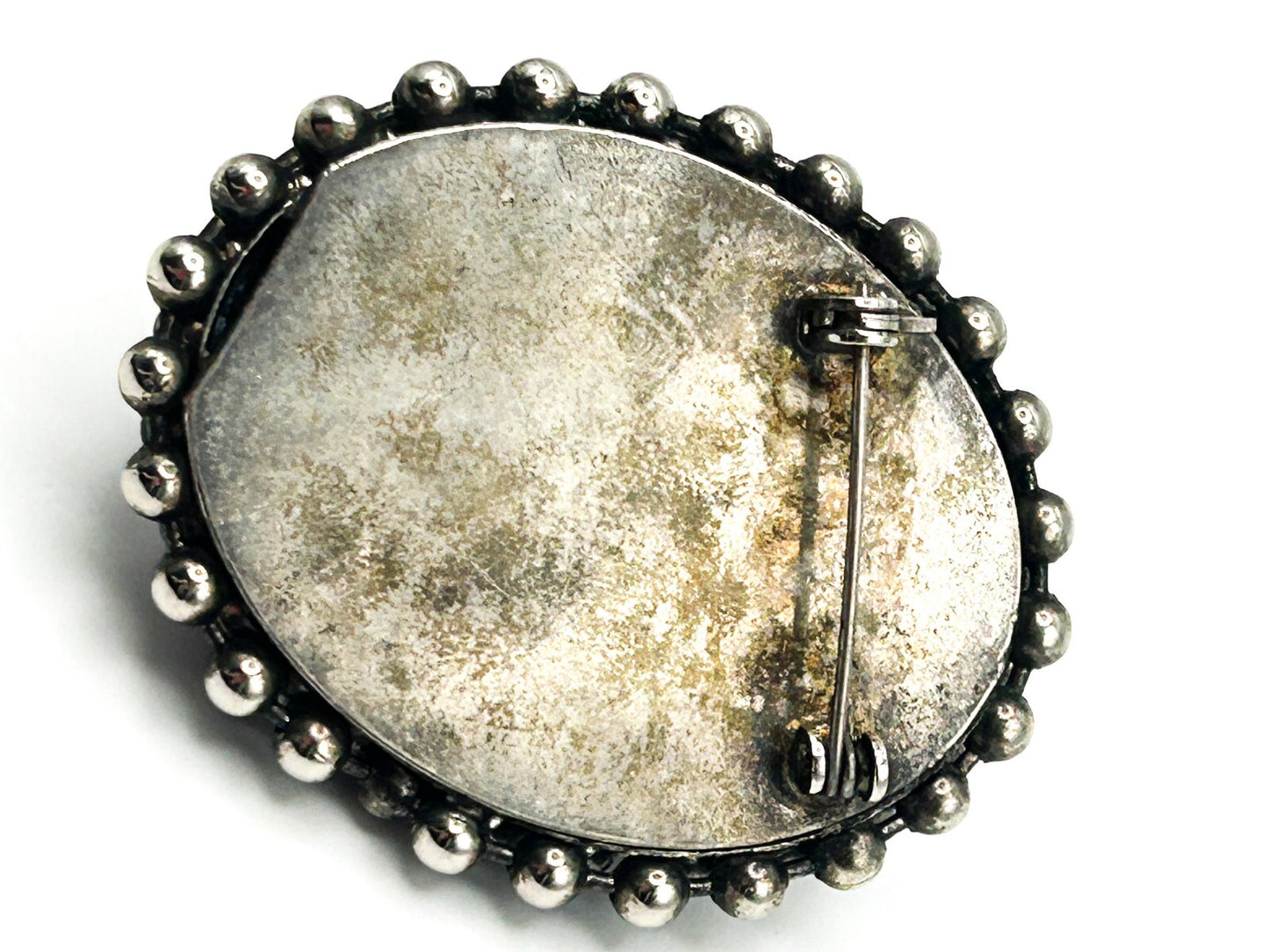 Vintage Black Cabochon Brooch Victorian Revival Style Silver Tone Domed Pin