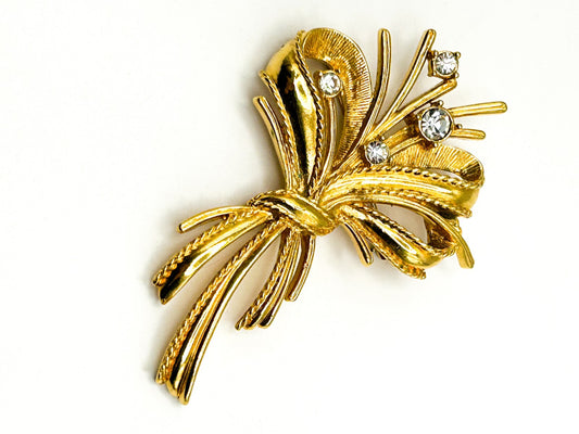 Vintage Gold Tone Ribbon Bow & Bouquet Rhinestone Brooch – 7cm