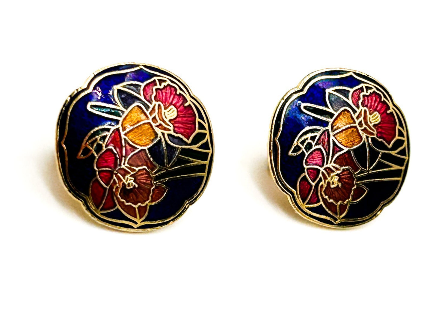 Vintage Cloisonné Floral Clip On Earrings – Blue Enamel Round Studs Red Flower
