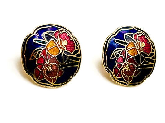 Vintage Cloisonné Floral Clip On Earrings – Blue Enamel Round Studs Red Flower