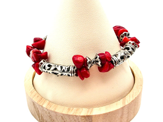Vintage Red Coral Chip Bracelet Silver Tone Ornate Tube Beads Boho