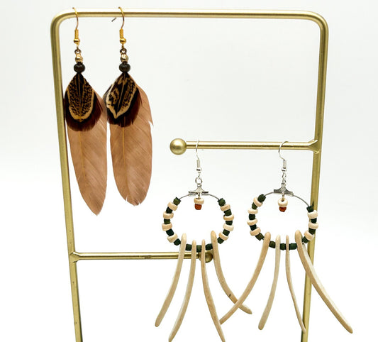 BD-Eye Original Boho Feather & Wood Earring Pair Festival Beach Natural Dangle