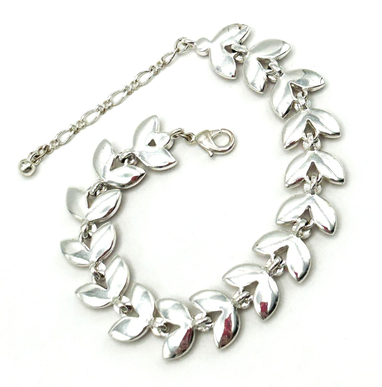 Pink Cat’s Eye Leaf Petal Bracelet Silver Tone AB Crystal Marquise