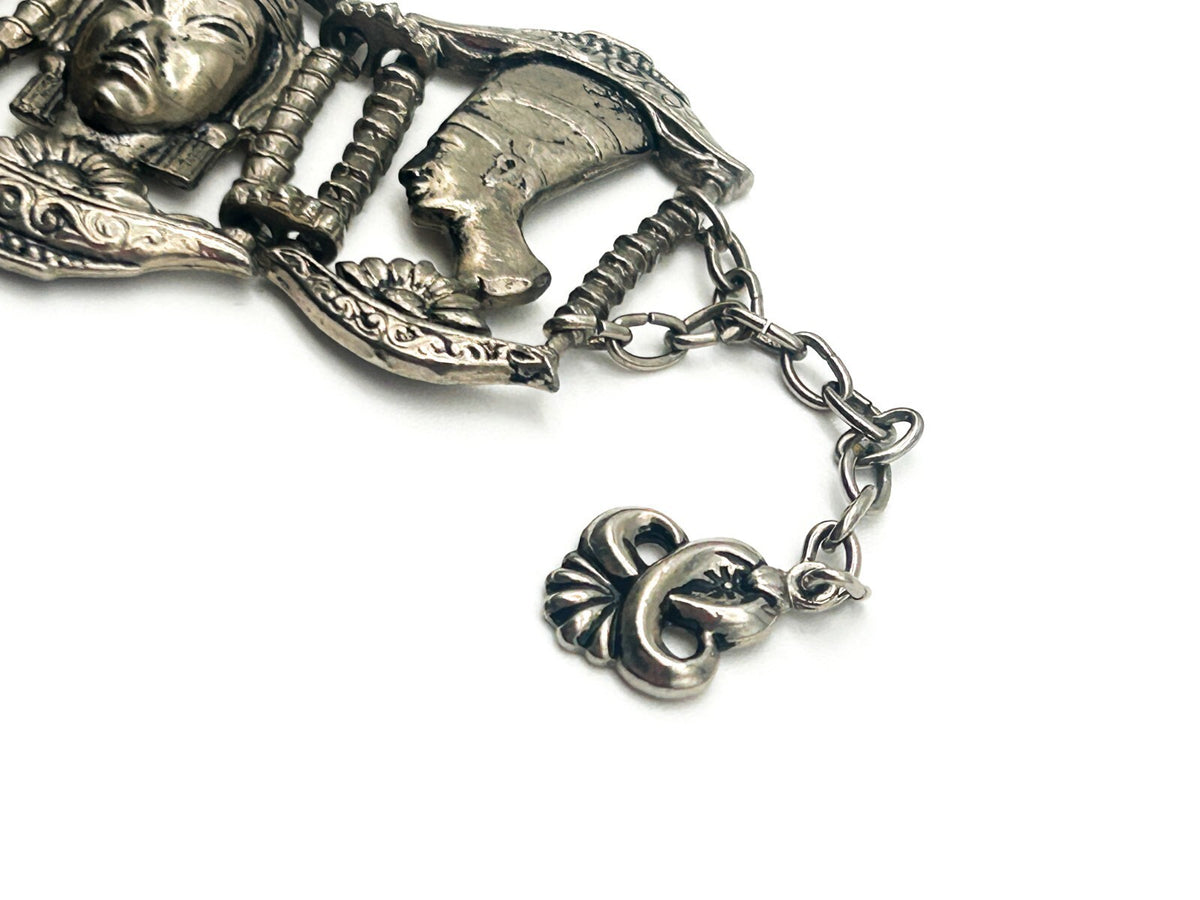 Vintage Ethnic Revival Silver Tone Panel Bracelet