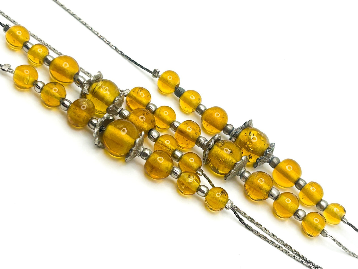 Vintage Graduated Long Amber Glass Bead Necklace on Silver-Tone Chain 70s Retro