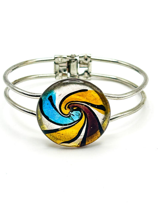 Art Glass Bangle - Yellow, Blue, Purple, Silver Metallic Swirl Clamper Bangle