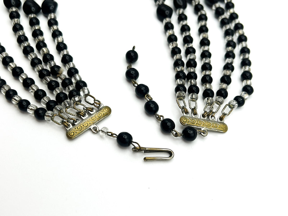 Vintage 5 Strand Black & Clear Glass Beaded Statement Necklace Heavy Layered