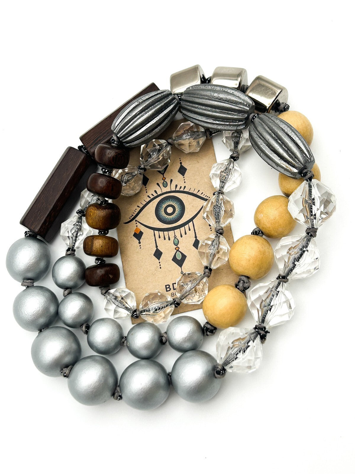 Mixed Material Statement Necklace Wood Silver Black Beads Chunky Modern 18”