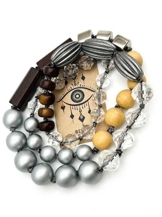 Mixed Material Statement Necklace Wood Silver Black Beads Chunky Modern 18”