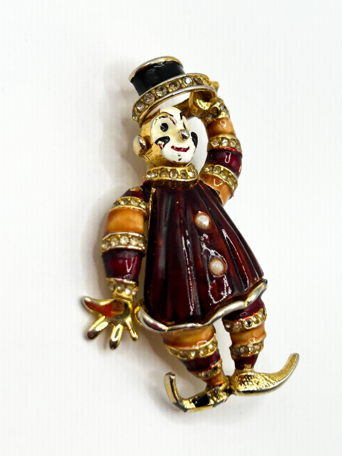Vintage Enamel Jester Clown Brooch Rhinestone Figural Gold Tone 5.5cm