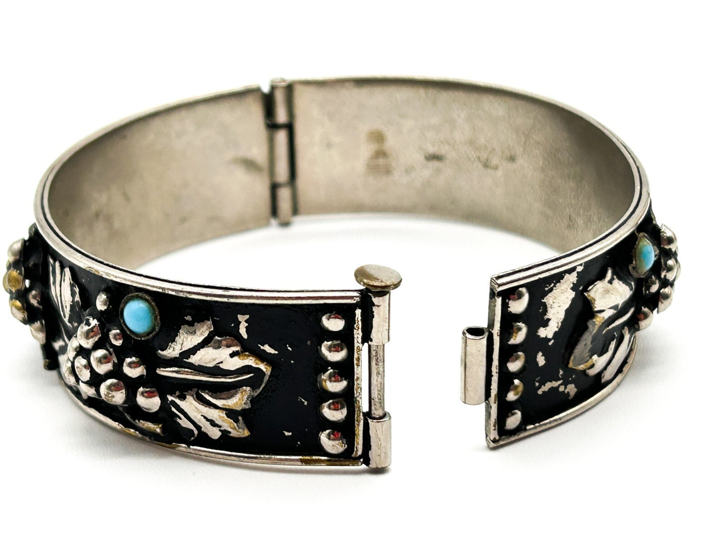Vintage Silver Plated Grapevine Cuff Bracelet Black Japanned Bacchus Bangle