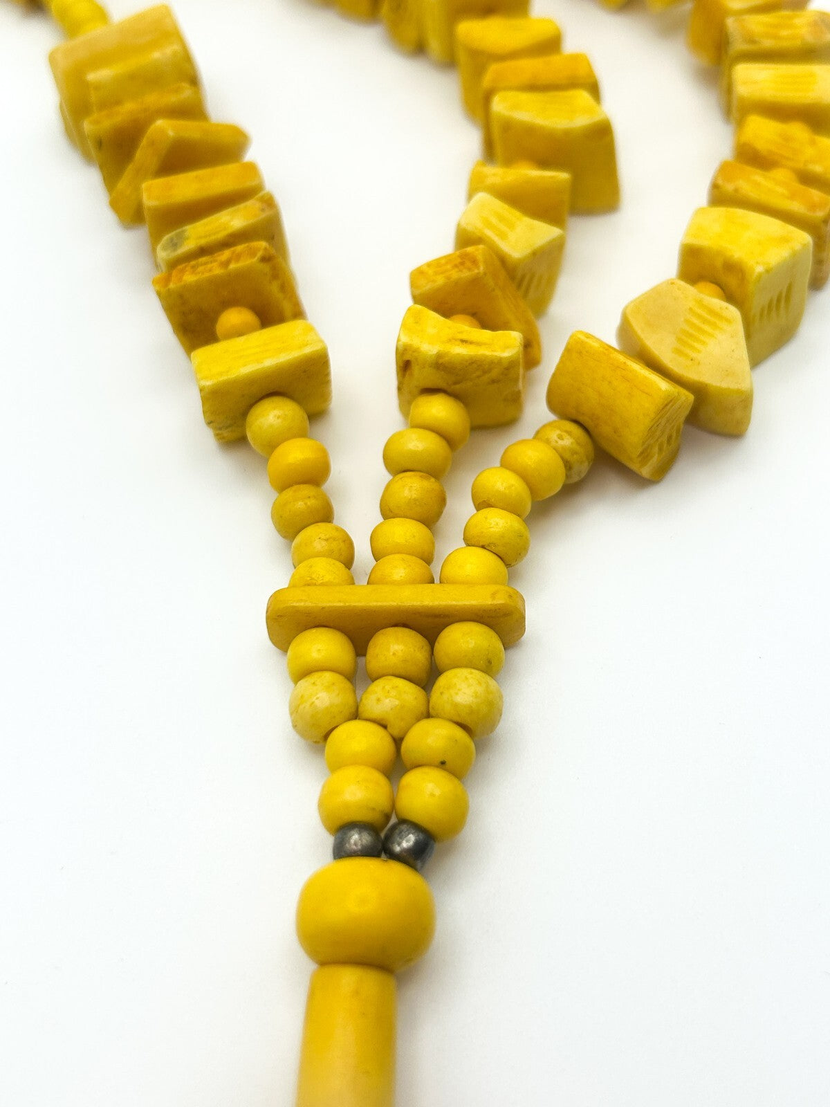 Vintage Bright Yellow Triple-Strand Organic Material Bib Necklace