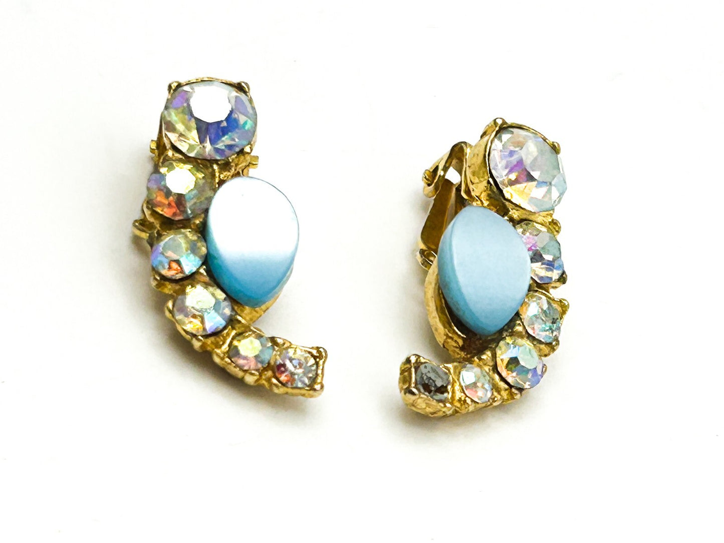 Vintage Blue Thermoset and Aurora Borealis Rhinestone Clip On Earrings
