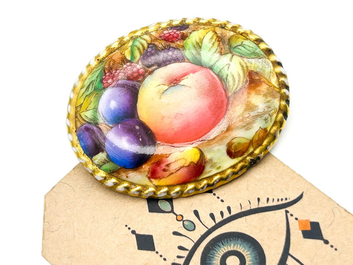 Aynsley Orchard Gold Brooch Bone China Fruit Hand Painted England