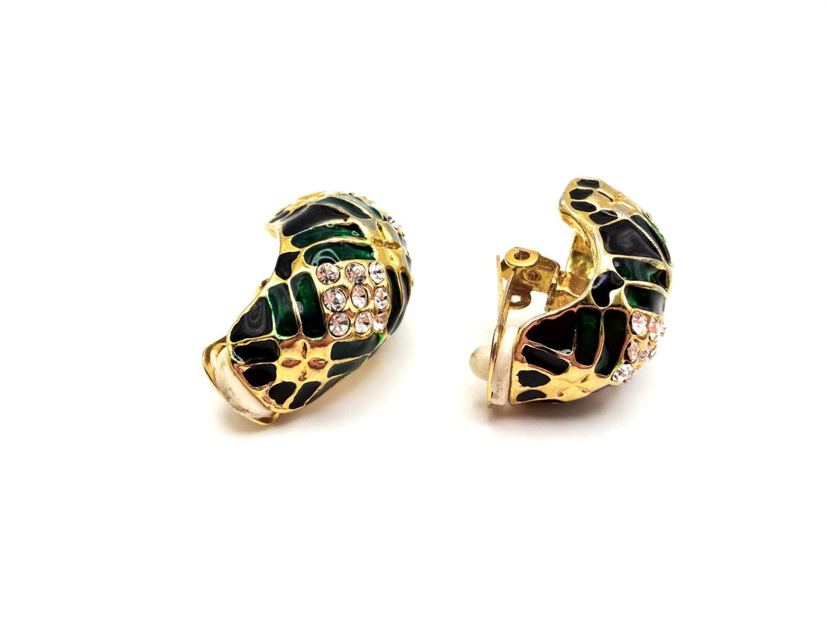 Vintage Gold Tone Green & Black Enamel Rhinestone Half Hoop Clip-On Earrings