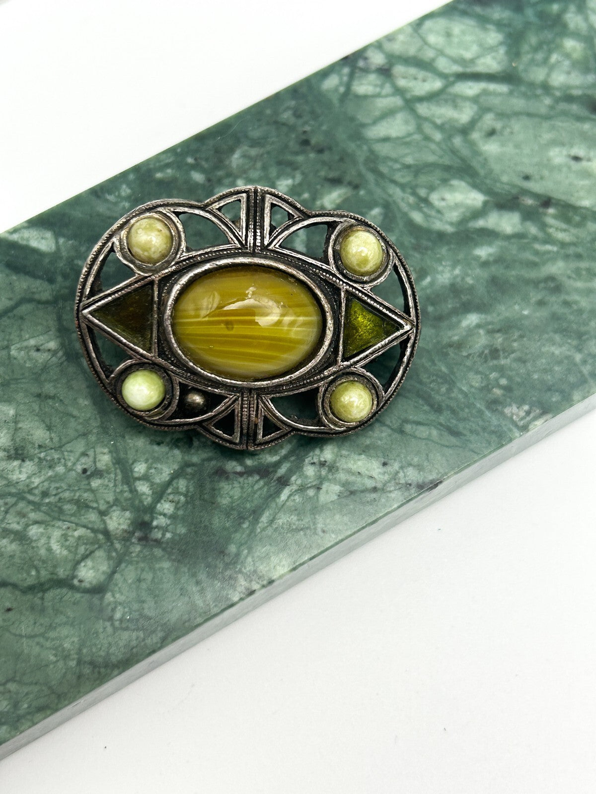 Celtic Style Green Brooch Silver Tone Cabochon Vintage Pin