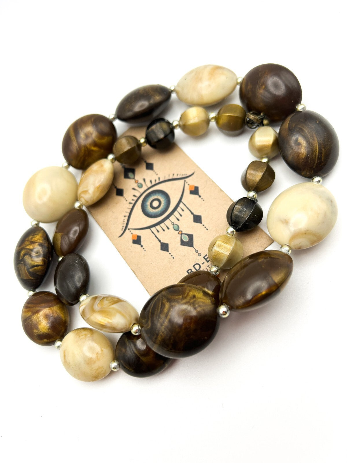 Vintage Brown Marbled Acrylic Bead Necklace Cream Caramel Chunky 70s Style 26.5”