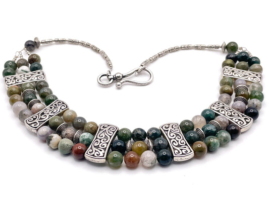 Agate and Silver Tone Statement Necklace - Gemstone, multicolour, 19 in, Boho