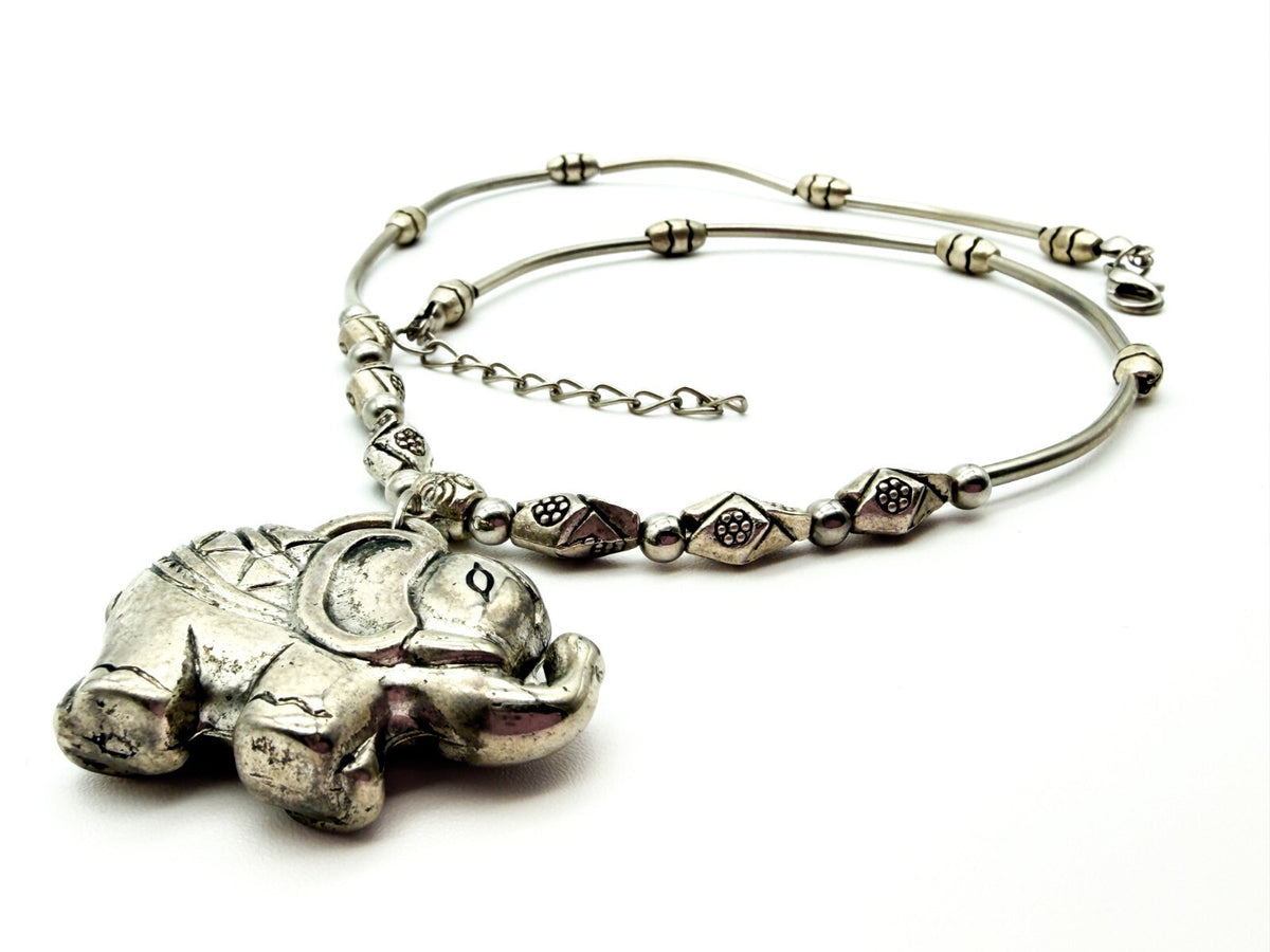 Elephant Pendant Necklace Silver Tone Beaded Tribal Boho Style Animal Charm Cute