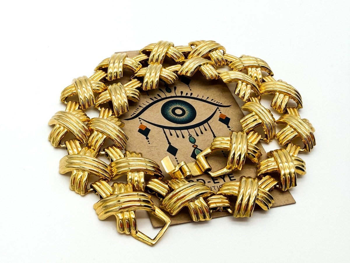 Gold Tone Ribbed X Link Articulated Statement Necklace 18” 80s Napier Inspired