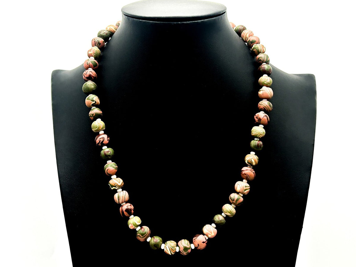 Polymer Clay Bead Necklace Swirl Green Pink Brown Artisan Style 20”