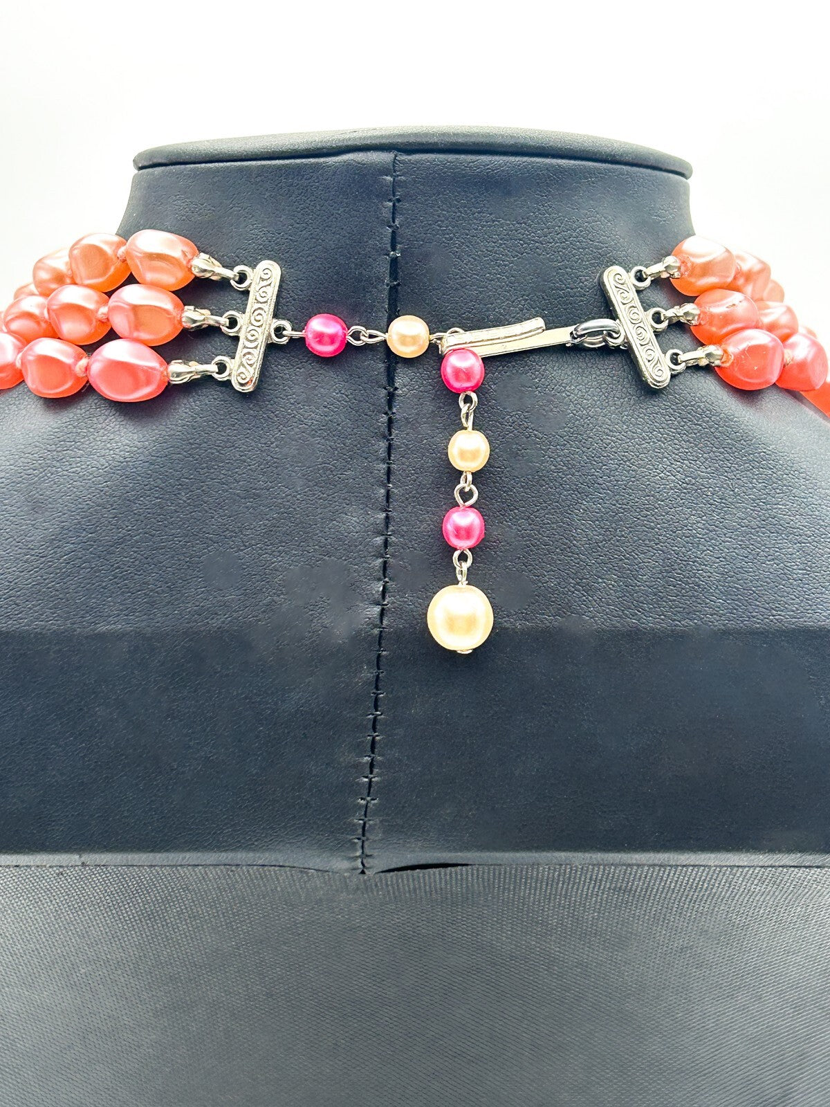 Pink Multi Strand Glass Bead Necklace Faux Pearl Graduated Retro Statement