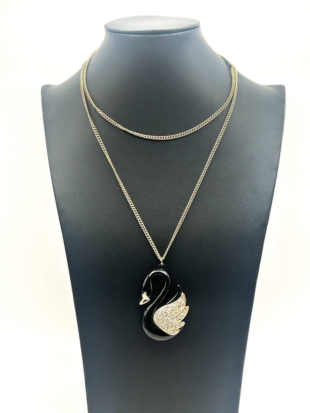 Black, Gold & Rhinestone Swan Pendant Necklace on Gold Tone Chain
