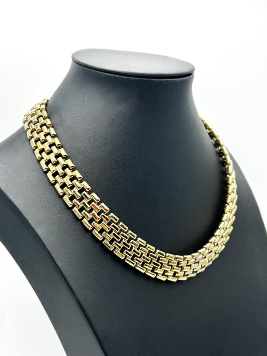Chunky Vintage Gold Tone Basket Weave Chain Collar Necklace 17.5”