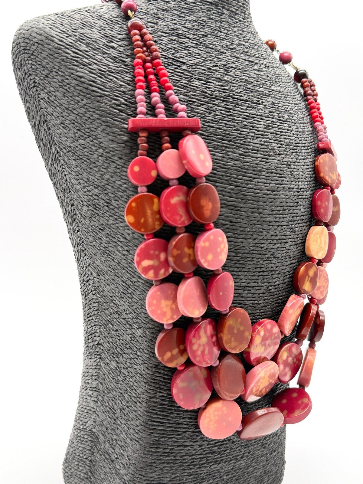 Triple Strand Pink Statement Necklace Red Disc Beads Chunky Layered 25"