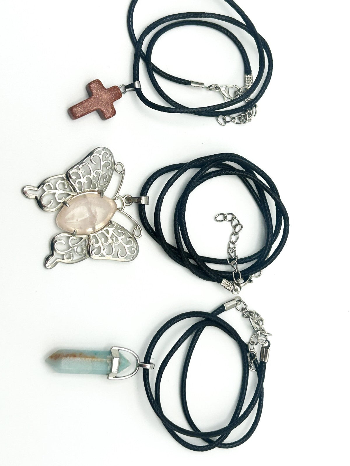 Gemstone Pendant Necklace Bundle – Goldstone Cross, Rose Quartz Butterfly & Aqua