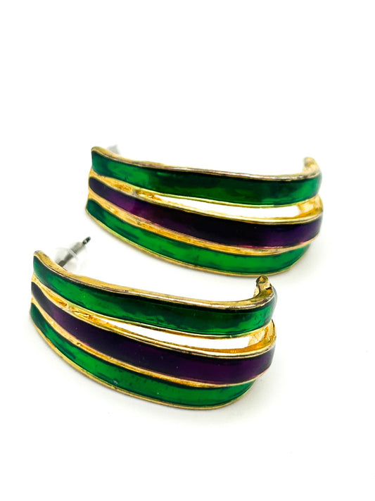 Vintage Dolphin Ore Enamel Earrings Green Purple Gold Tone Curved Statement