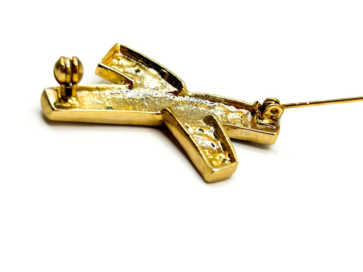 Vintage Gold Tone Rhinestone X Brooch Pavé Crossed Ribbon Statement Pin Retro