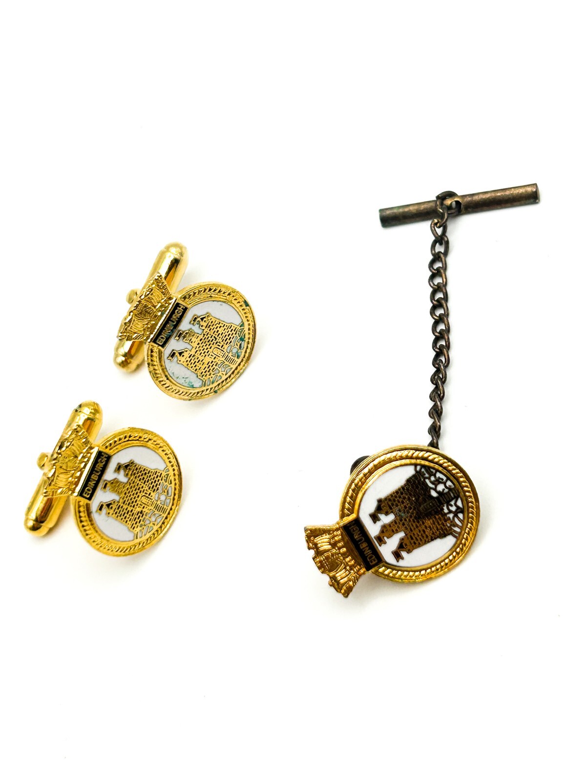 Vintage HMS Edinburgh Gold Tone Enamel Cufflinks and Tie Pin Set Military