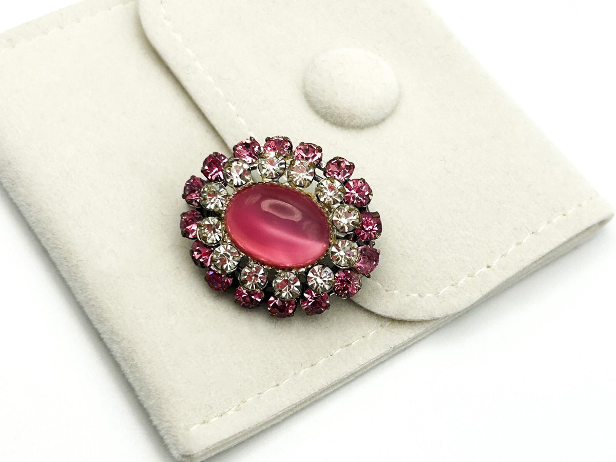 Vintage Pink Moonglow Brooch Rhinestone Halo Lucite Cabochon Pin