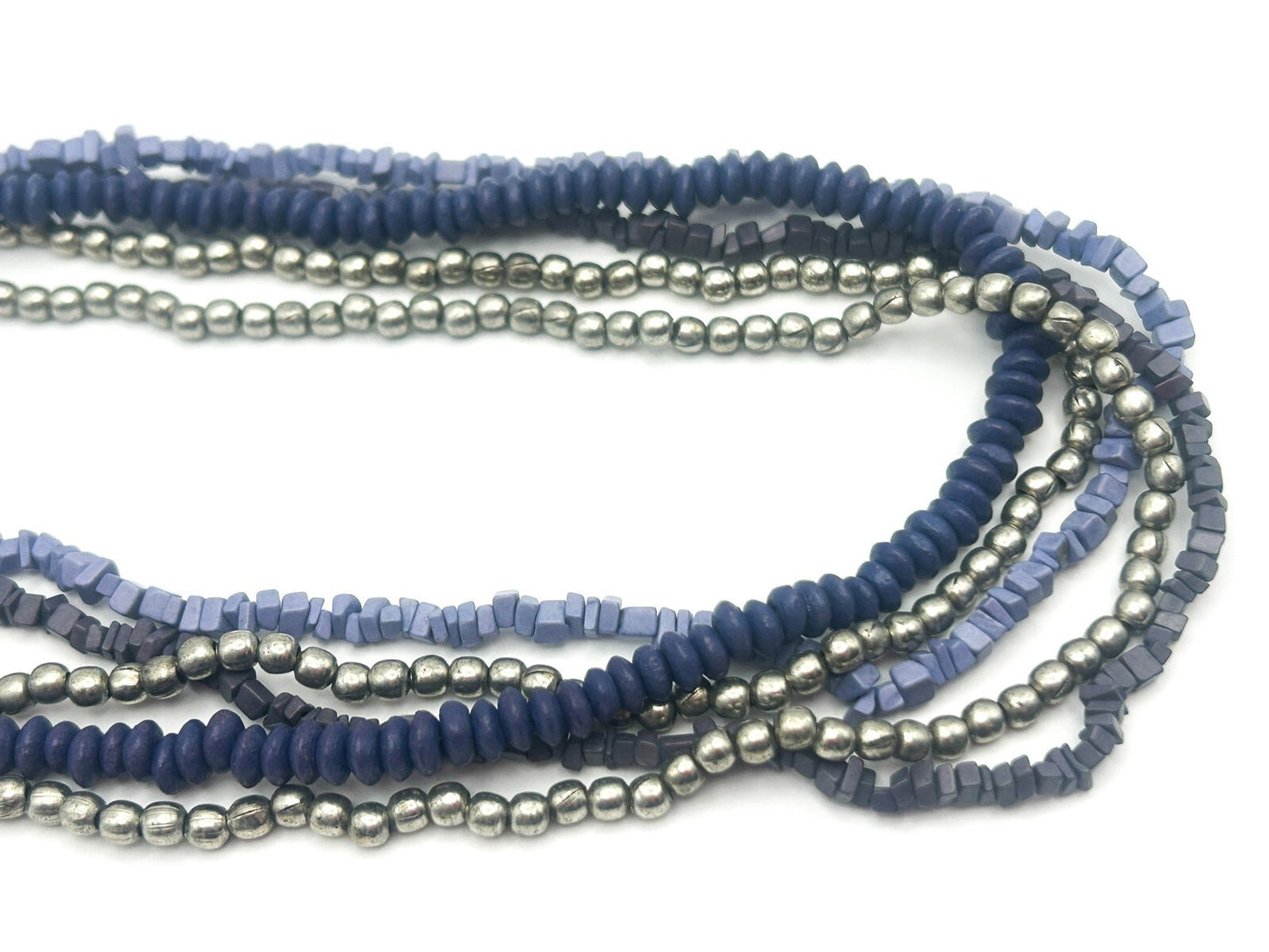 Vintage Multi-Strand Blue & Silver Glass Bead Torsade Necklace