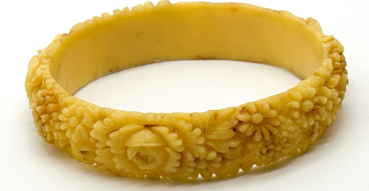 Vintage Hand-Carved Flower Celluloid Floral Bangle