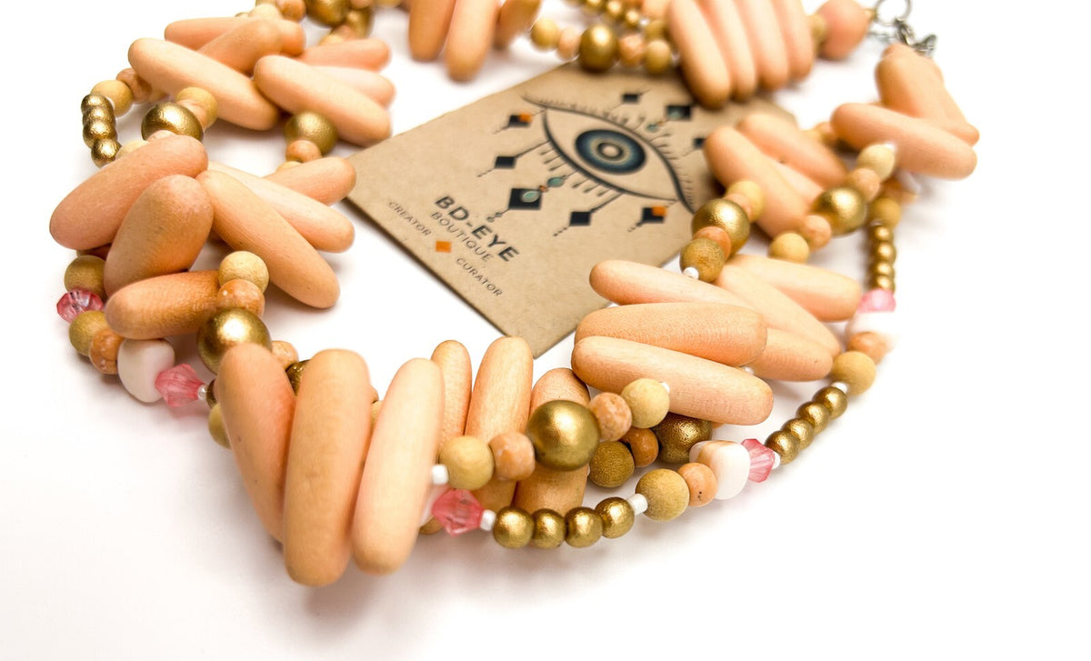 Three-Strand Pink-Peach Pastel Beaded Torsade Necklace – 17”