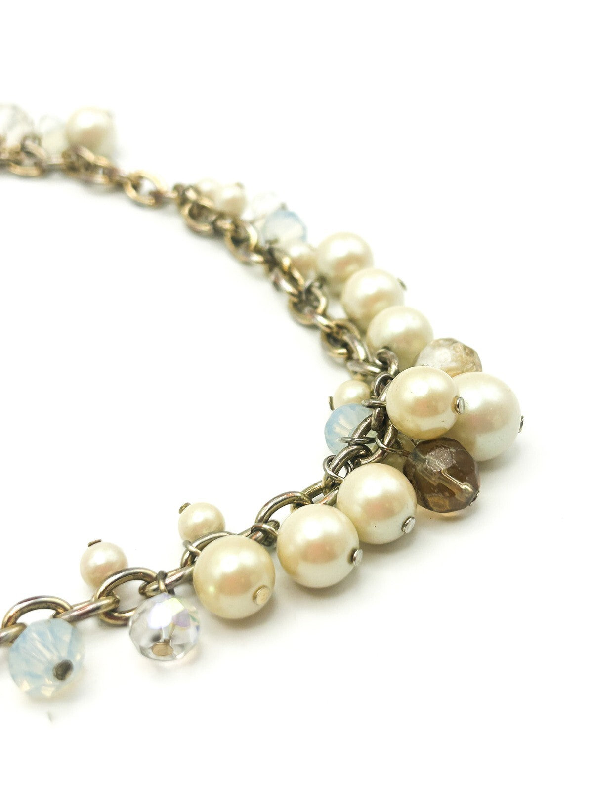 Carolee Gold Tone Faux Pearl Cluster Necklace Long Chain AB Crystal 33” Signed
